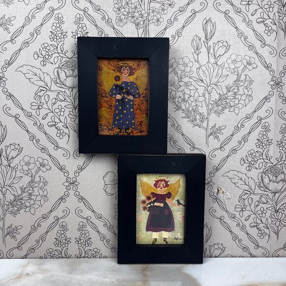 Vintage Folk Art 2 Miniature Painting Signed Annie B Giblin Angel Crow Sunflower - Picture 1 of 13
